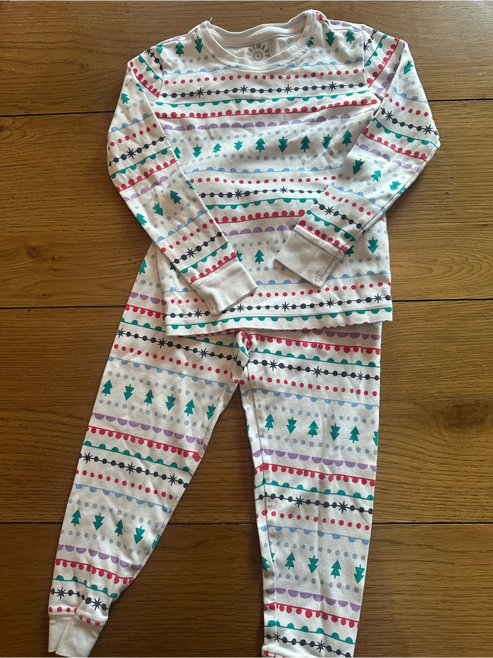 Primary White Kids Pajama Set with Green, Red, Purple & Black Accent Stripes